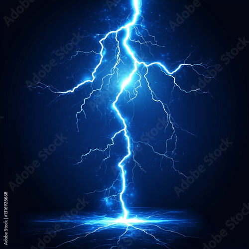 Bright blue lightning bolt striking against dark background, intense electric energy effect
