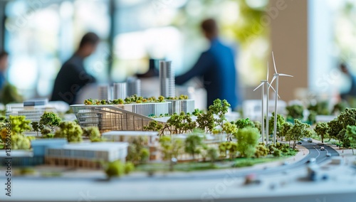 Engineers collaborating on sustainable architecture model with wind turbines, solar panels, and green building design in office