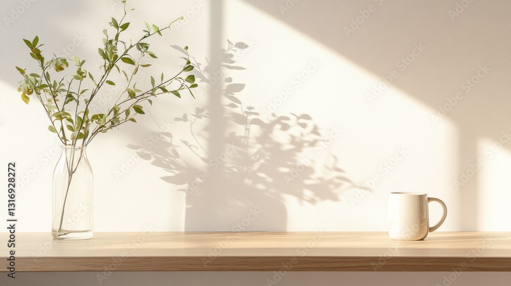 Obraz premium Simple, sunny, minimalist home decor with plant shadows