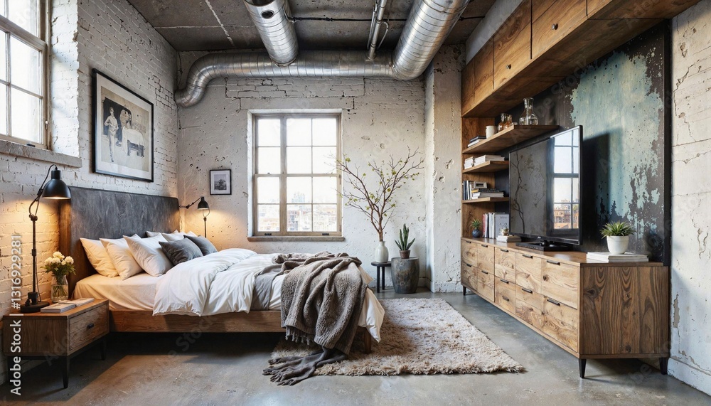 Modern bedroom design with cozy decor in industrial style Modern bedroom design with cozy decor in industrial style