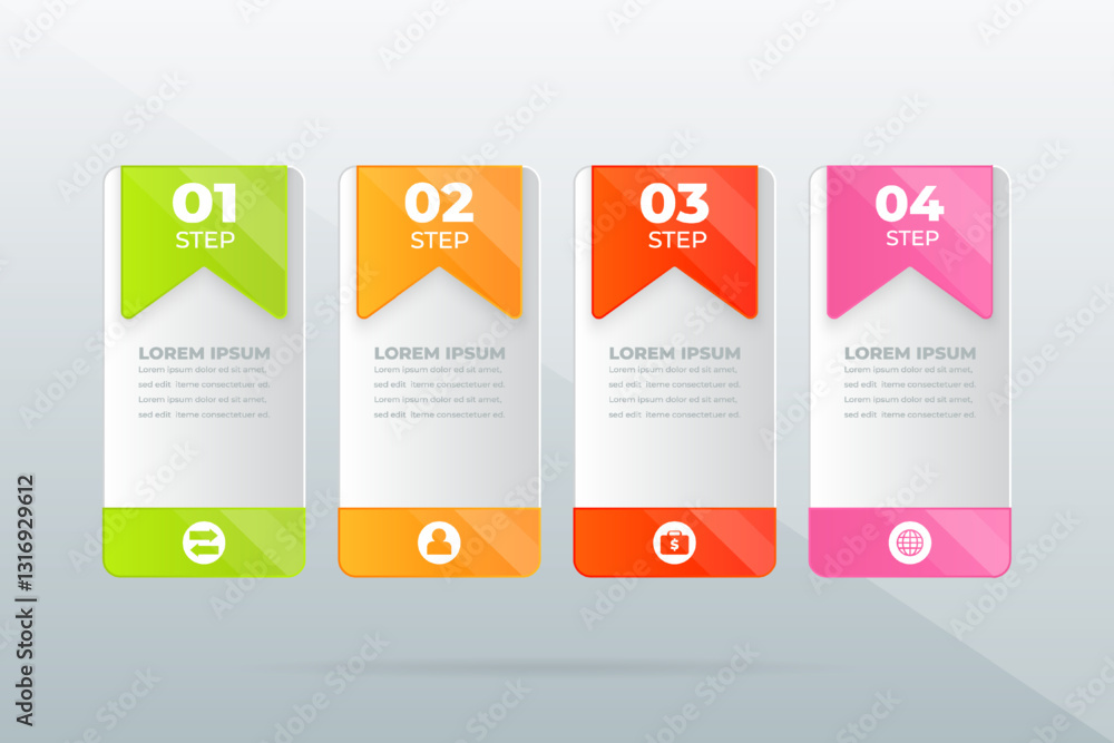 Four-step process infographic; colorful tabs; gray background; business plan template Four-step process infographic; colorful tabs; gray background; business plan template