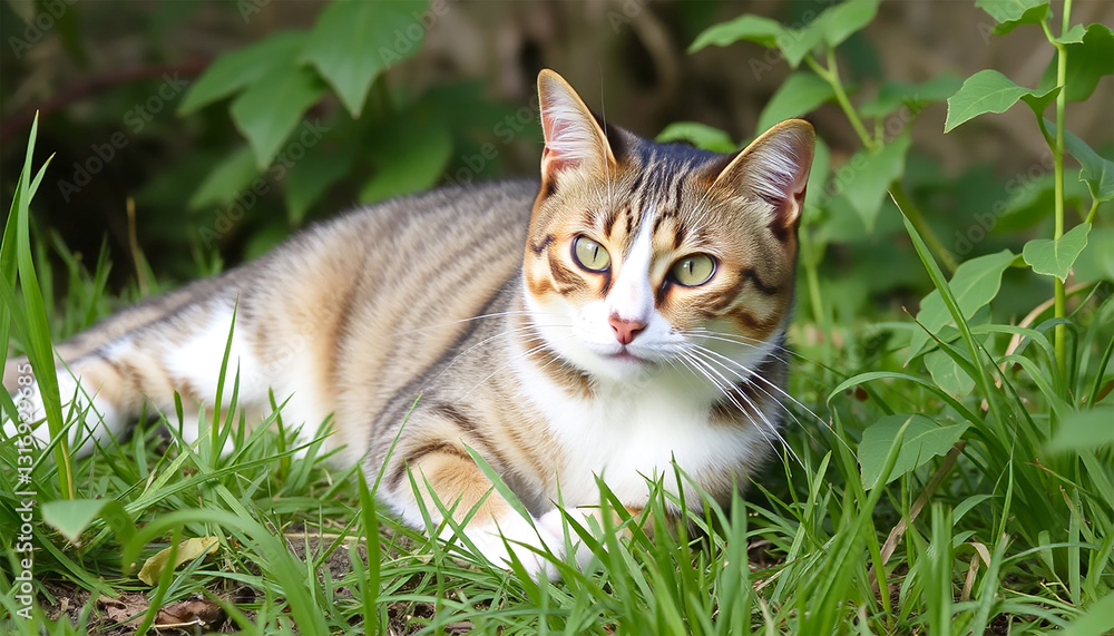A Serene Tabby Cat Basking In The Sun Amidst Lush Green Grass, Its Captivating Gaze Hinting At A Quiet Moment Of Peace In Natures Embrace