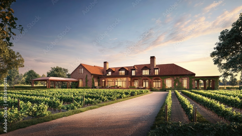Charming rural estate with vineyards stretching into the horizon. Charming rural estate with vineyards stretching into the horizon.