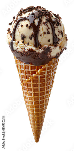 Tiramisu Ice Cream Waffle Cone with Chocolate Sauce and Dark Chocolate Shavings, isolated with transparent background