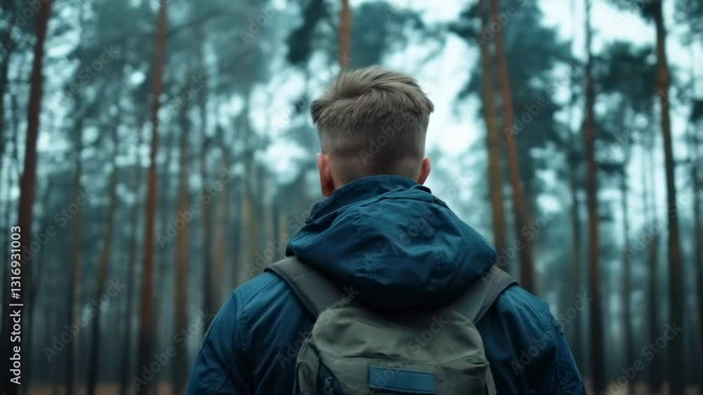 Exploring a misty forest with a backpack and a sense of adventure on a cool morning Exploring a misty forest with a backpack and a sense of adventure on a cool morning