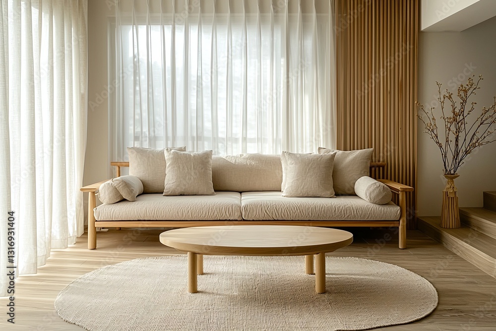 Fototapeta premium A modern Scandinavian interior design in the living room with minimalist, beige sofa and wood coffee table. Generative AI 