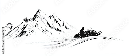 Snowmobile Rider Racing Through Snowy Mountains in Black and White