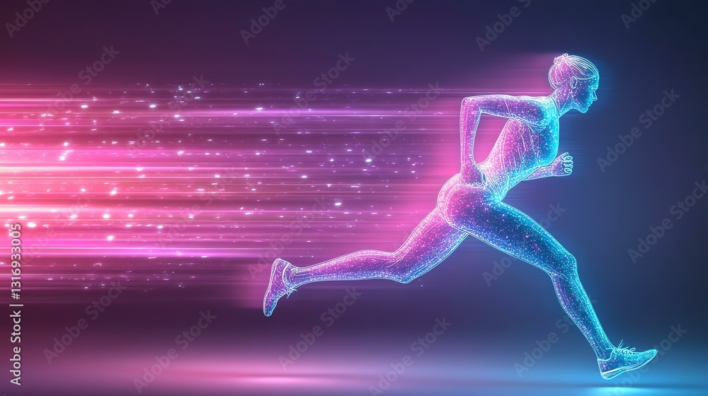 Fototapeta premium Dynamic runner in neon glowing motion.