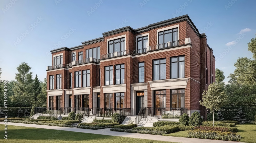Fototapeta premium Classic urban townhouse with a historic brick facade, iron railings, and large bay windows.