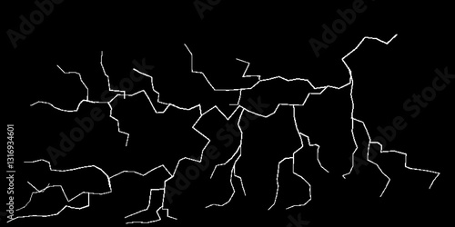 Thunder, lightnings and rain on a stormy summer night in black and white. Lightning bolts in the sky at night. Different lightning bolts isolating on black. Bright light flare and sparks .