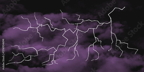 Thunder, lightnings and rain on a stormy summer night in black and white. Lightning bolts in the sky at night. Different lightning bolts isolating on black. Bright light flare and sparks .