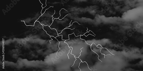 Thunder, lightnings and rain on a stormy summer night in black and white. Lightning bolts in the sky at night. Different lightning bolts isolating on black. Bright light flare and sparks .
