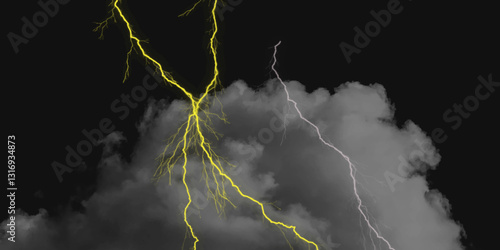Thunder, lightnings and rain on a stormy summer night in black and white. Lightning bolts in the sky at night. Different lightning bolts isolating on black. Bright light flare and sparks .