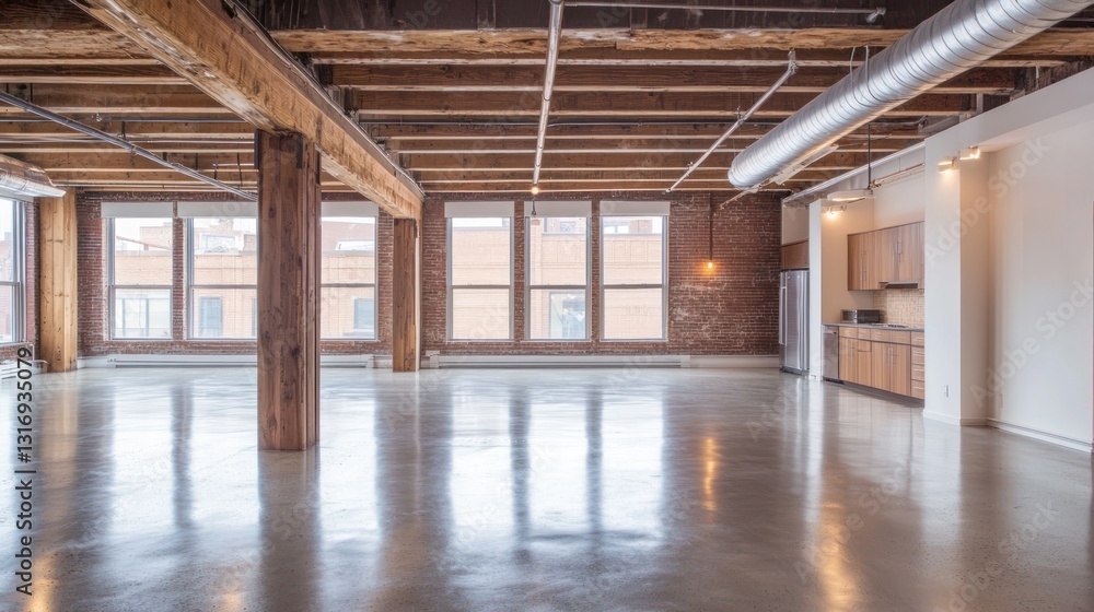 Spacious loft apartment with exposed beams, brick walls, and polished concrete floors. Spacious loft apartment with exposed beams, brick walls, and polished concrete floors.