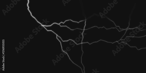 Thunder, lightnings and rain on a stormy summer night in black and white. Lightning bolts in the sky at night. Different lightning bolts isolating on black. Bright light flare and sparks .