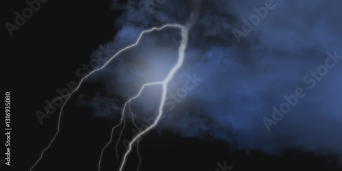 Thunder, lightnings and rain on a stormy summer night in black and white. Lightning bolts in the sky at night. Different lightning bolts isolating on black. Bright light flare and sparks .
