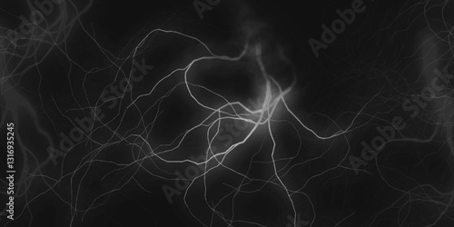 Thunder, lightnings and rain on a stormy summer night in black and white. Lightning bolts in the sky at night. Different lightning bolts isolating on black. Bright light flare and sparks .