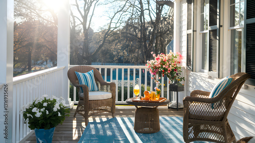 A sunlit porch with wicker chairs and a small table set with drinks.