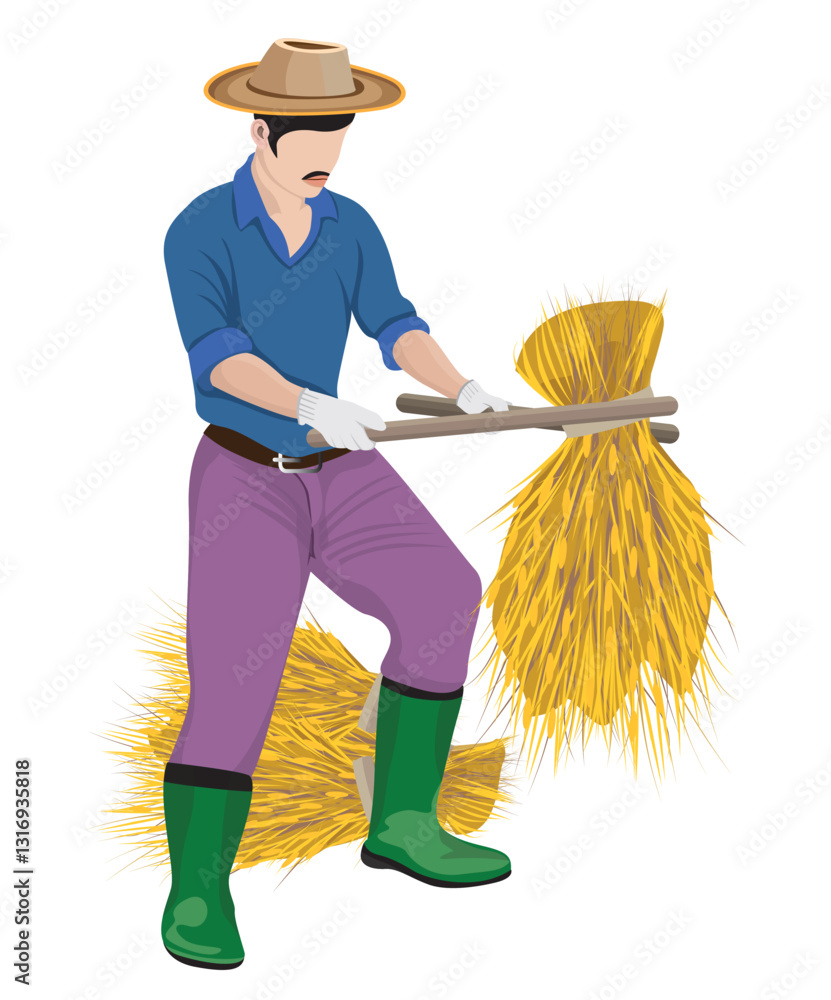 Farmer is threshing rice vector design.