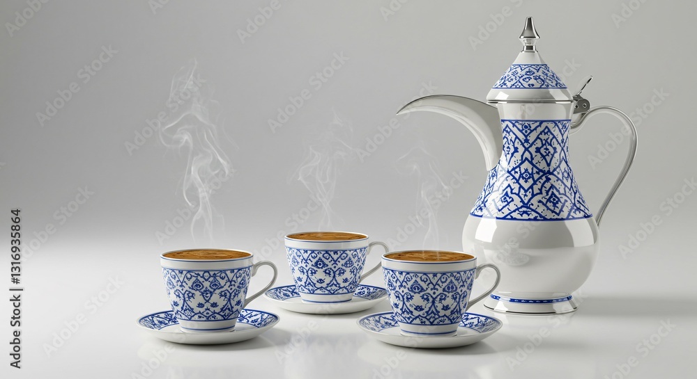 Fototapeta premium Traditional Middle Eastern coffee set in elegant white and blue tones, featuring ornate patterns and a beautifully crafted pot. Symbolizing Eid hospitality and cultural heritage