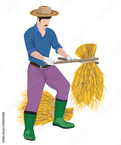 Obraz na płótnie Farmer is threshing rice vector design. w salonie