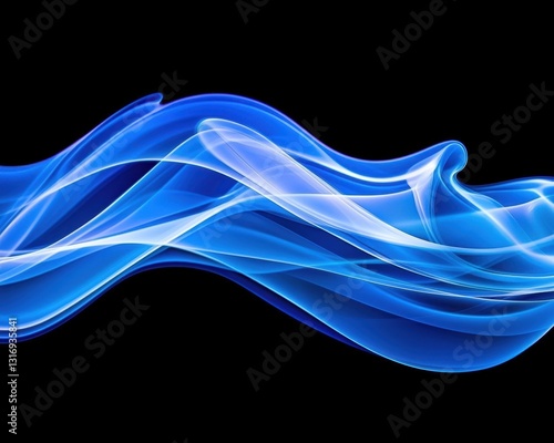 A vibrant blue wave of light swirls gracefully against a black background, creating a dynamic and ethereal visual effect.