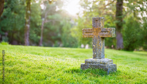 Weathered stone tombstone with Christian cross on lush green grass. Faith and remembrance.