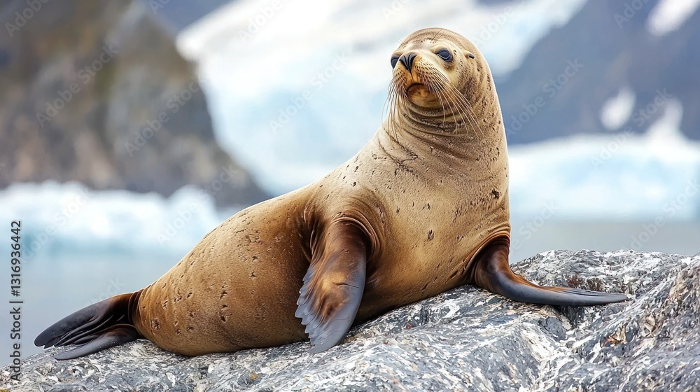 Fototapeta premium Sea lion resting on rock near glacier.