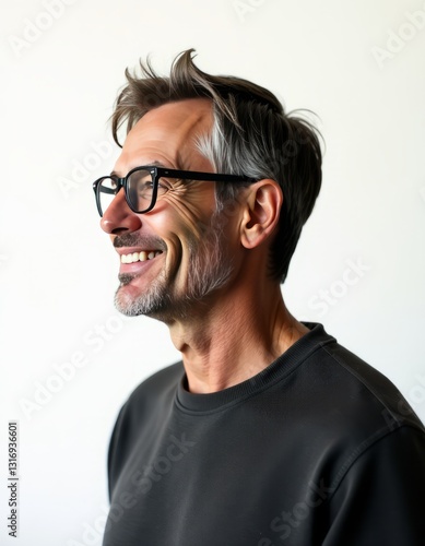 Middle age handsome man wearing casual sweater and glasses over isolated white background looking to side relax profile pose with natural face and confident smile Faces face smile happy expression wom photo