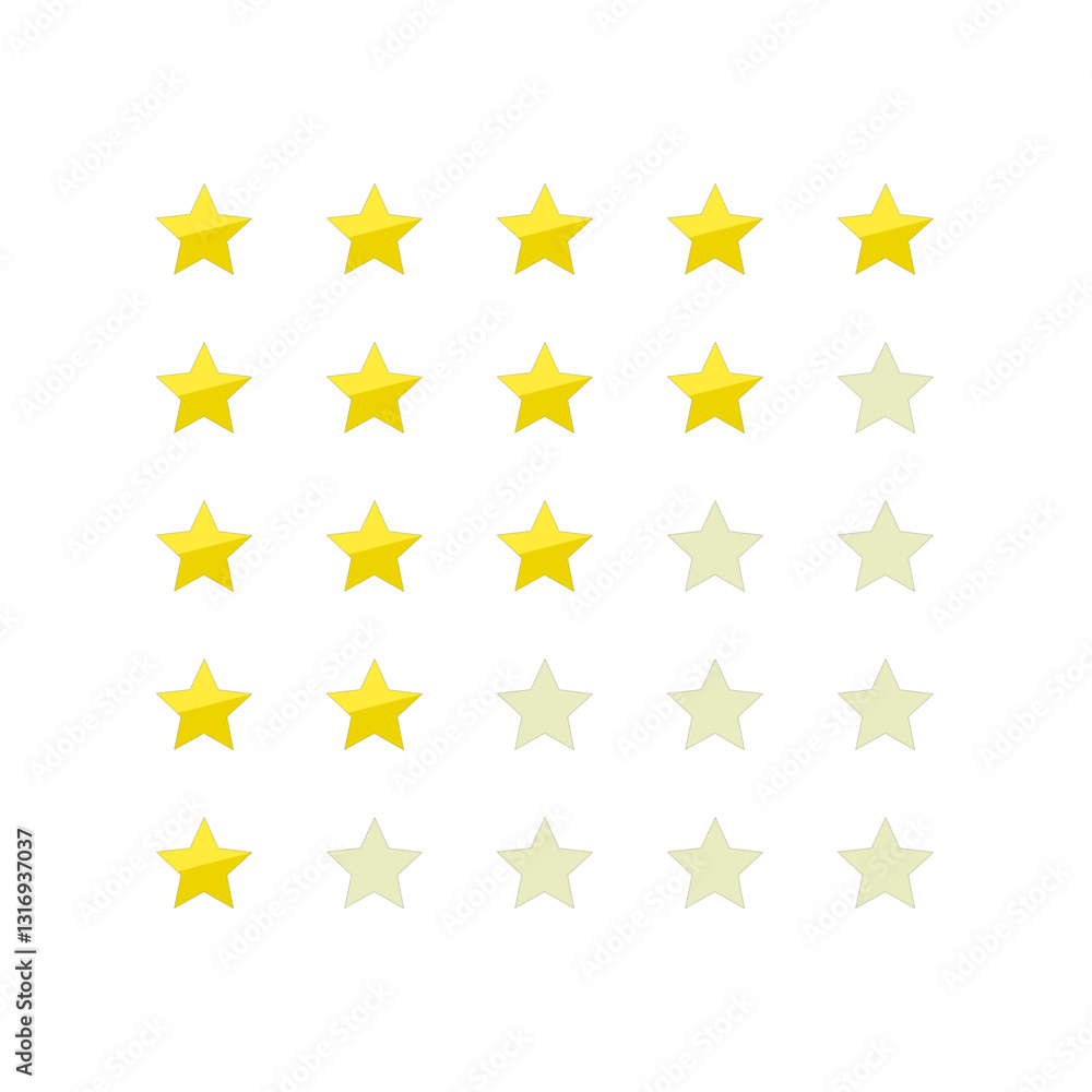 A star rating system illustration featuring yellow and faded stars, commonly used for reviews, feedback, rankings, and evaluations in digital platforms. A star rating system illustration featuring yellow and faded stars, commonly used for reviews, feedback, rankings, and evaluations in digital platforms.