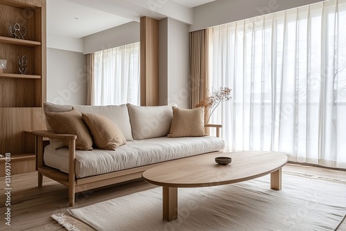 A modern Scandinavian interior design in the living room with minimalist, beige sofa and wood coffee table. Generative AI

