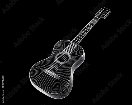Abstract Line Art Illustration of an Acoustic Guitar on Black Background