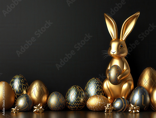 Golden rabbit holding egg surrounded by decorative golden and black eggs
