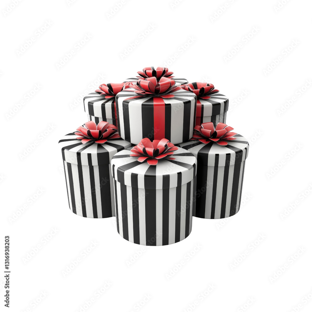 Stack of Black and White Striped Gift Boxes with Red Bows Stack of Black and White Striped Gift Boxes with Red Bows