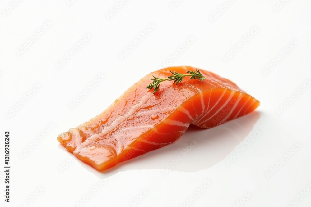 Fresh salmon fillet garnished with thyme sprig Fresh salmon fillet garnished with thyme sprig