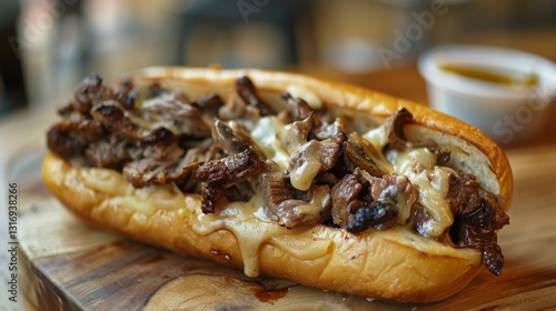 Delicious Close-Up of a Gourmet Cheese Steak Sandwich on a Wooden Board with Savory Meat and Tasty Sauce