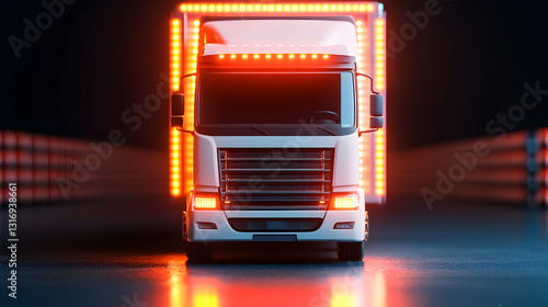 Front view of nighttime urban truck transport focus on industrial freight action