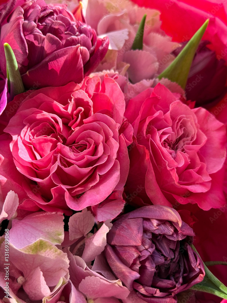 Obraz premium Delicate bouquet of pink roses, tulips, hydrangea,