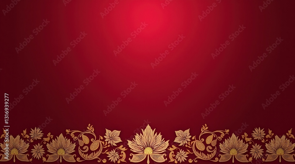 Vishu deep maroon silk texture, adorned with subtle golden South Indian motifs, forming an elegant floral and paisley border Vishu deep maroon silk texture, adorned with subtle golden South Indian motifs, forming an elegant floral and paisley border