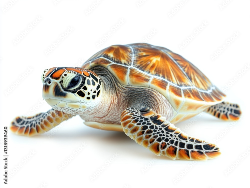 Obraz premium Captivating sea turtle portrait against a pristine white background showcasing intricate shell patterns and textures
