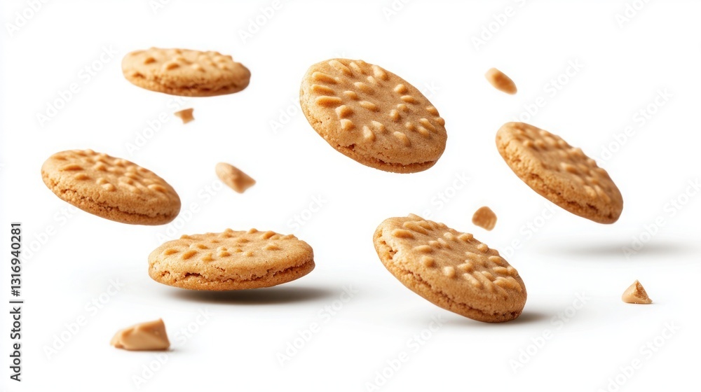 Peanut butter floating cookies isolate on white background Peanut butter floating cookies isolate on white background