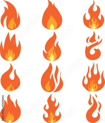 Flame vector icons. Campfire flame, fire flames, fireball, wildfire and red hot bonfire, red fiery flames vector design