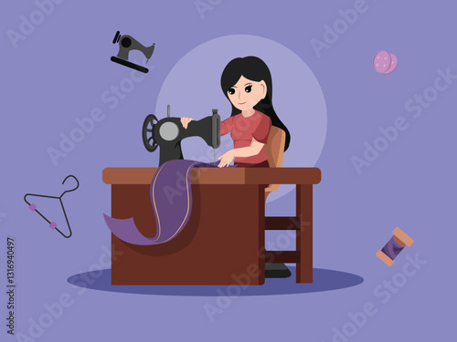Skilled Seamstress Working on a Sewing Machine to Create a Beautiful Handmade Fabric Piece.