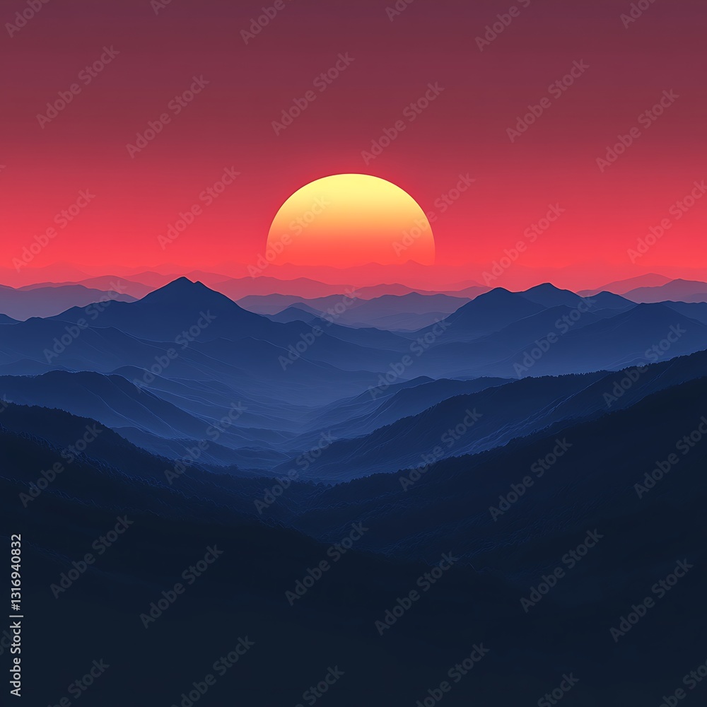 Fototapeta premium Majestic Sunset Over Mountain Ridges with Layered Blue Silhouette Scenery