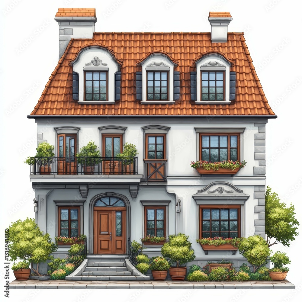 Fototapeta premium Elegant European-Style Townhouse with Lush Garden