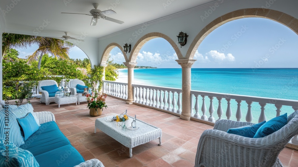 Fototapeta premium Elegant European coastal villa with a classic white and blue theme, arched balconies, and stunning ocean views.