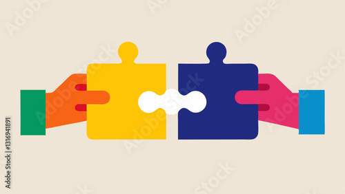 Puzzle Pieces Two hands connecting puzzle pieces one side colorful and the other dull to symbolize piecing together a more balanced view of reality.
