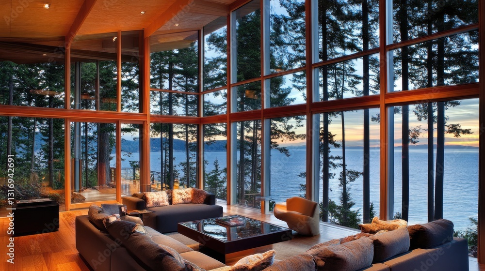 Fototapeta premium Elegant modern beach house with floor-to-ceiling windows, open-concept design, and ocean reflections.