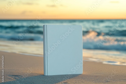 Copy Space of a Book – Crisp White Hardcover Mock Up Book on Sandy Beach at Sunset