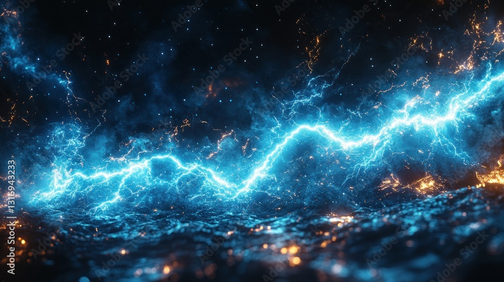 Fototapeta premium Powerful electric energy surge through dark terrain
